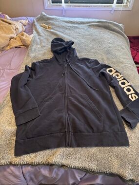 Adidas Navy Blue Full-Zip Hoodie with Sleeve Logo